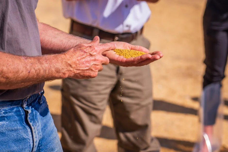 Senior man examines grains in his hands under bright sunlight, outdoors.